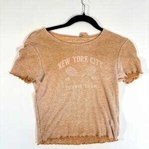 American Eagle NYC Tennis Team Cropped Tee Small Tan Waffle Knit Baby Tee Y2K